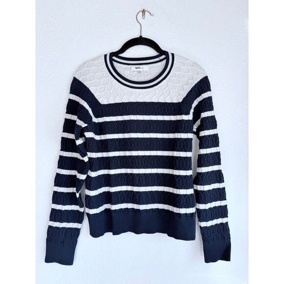MILLY Stripe Textured Cable Stitch Crew Neck Sweater in Navy & White Size Medium - Picture 6 of 13